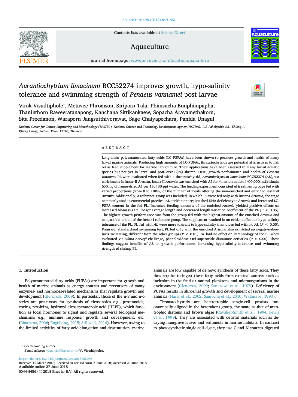 Aurantiochytrium limacinum BCC52274 improves growth, hypo-salinity tolerance and swimming strength of Penaeus vannamei post larvae