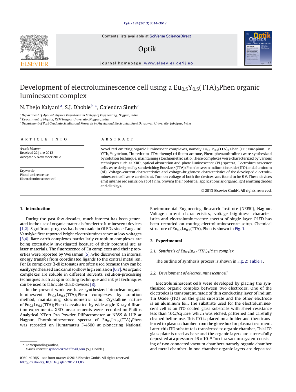 Development of electroluminescence cell using a Eu0.5Y0.5(TTA)3Phen organic luminescent complex
