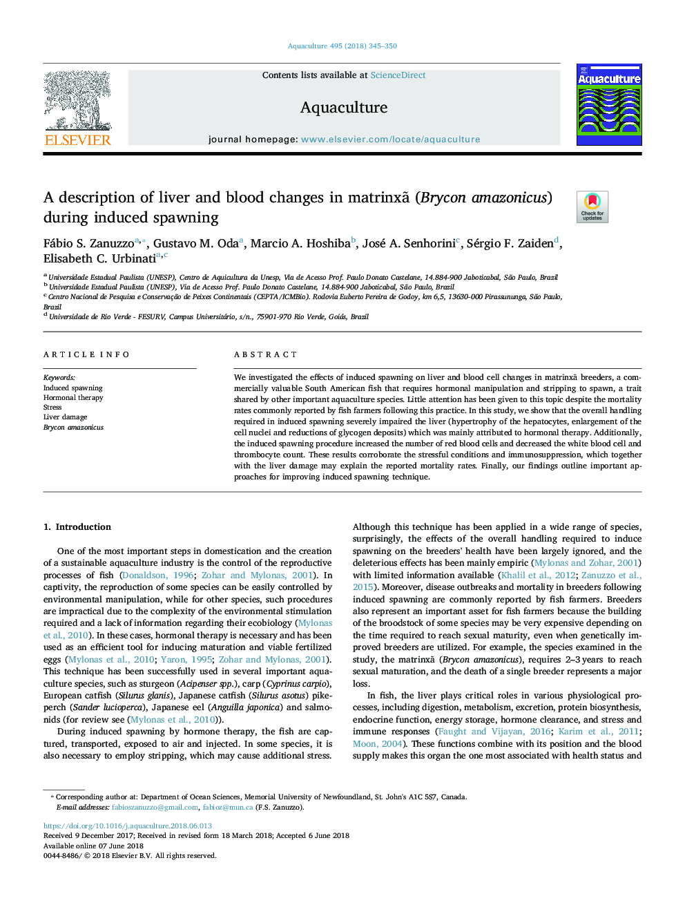 A description of liver and blood changes in matrinxÃ£ (Brycon amazonicus) during induced spawning