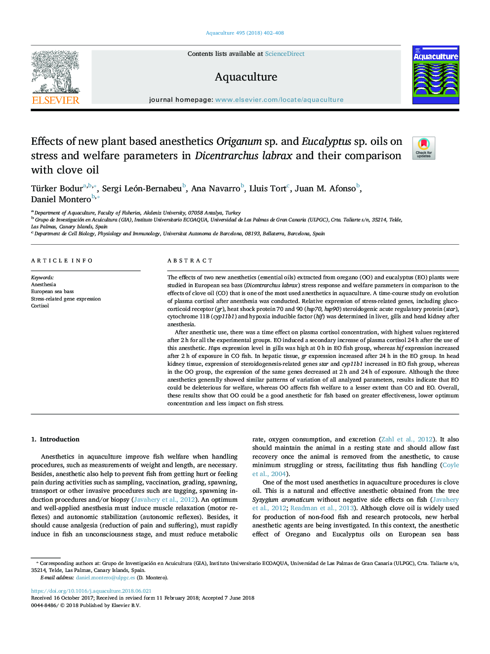 Effects of new plant based anesthetics Origanum sp. and Eucalyptus sp. oils on stress and welfare parameters in Dicentrarchus labrax and their comparison with clove oil