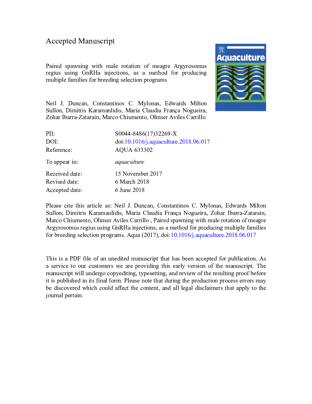 Paired spawning with male rotation of meagre Argyrosomus regius using GnRHa injections, as a method for producing multiple families for breeding selection programs