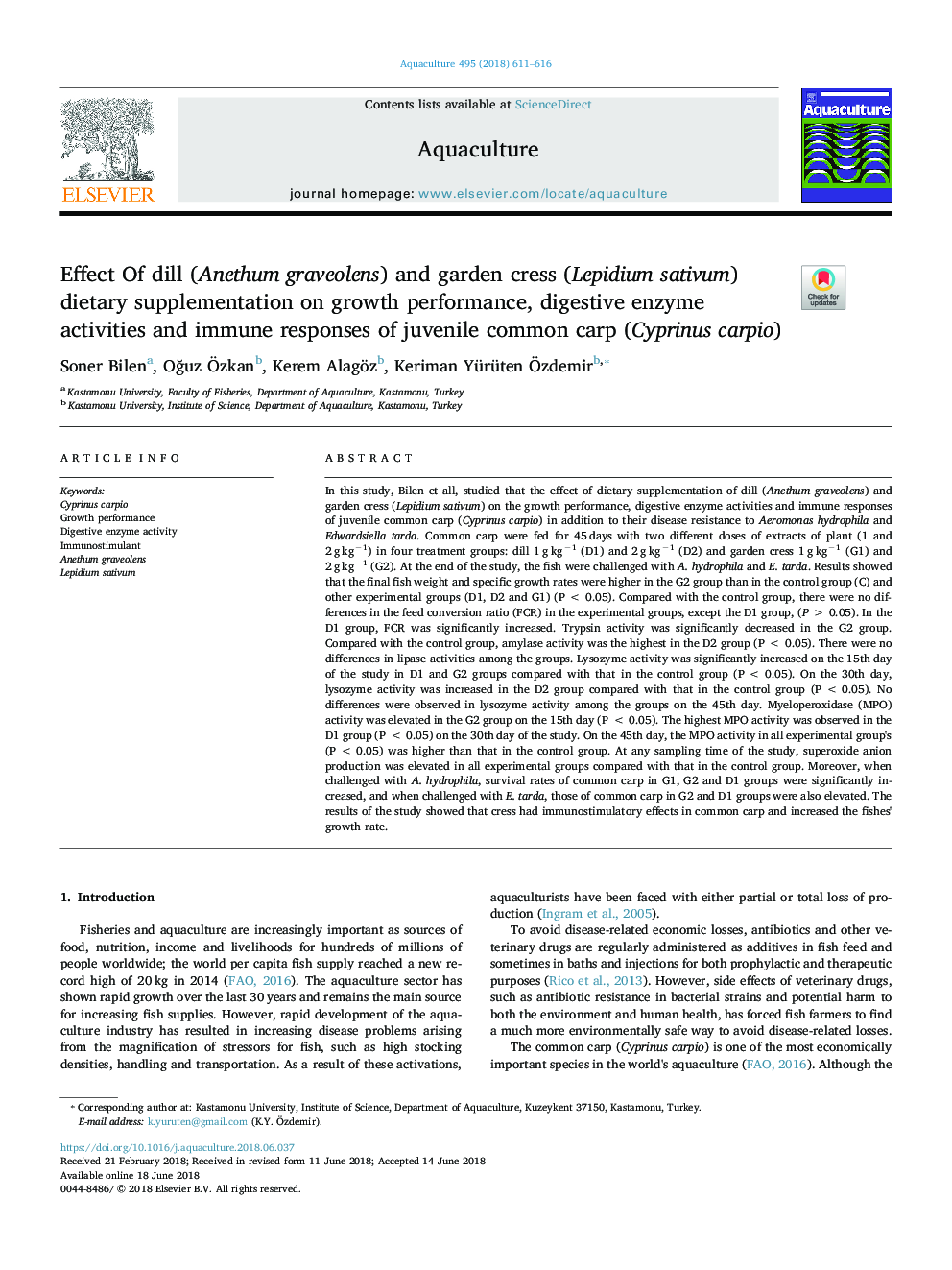 Effect Of dill (Anethum graveolens) and garden cress (Lepidium sativum) dietary supplementation on growth performance, digestive enzyme activities and immune responses of juvenile common carp (Cyprinus carpio)