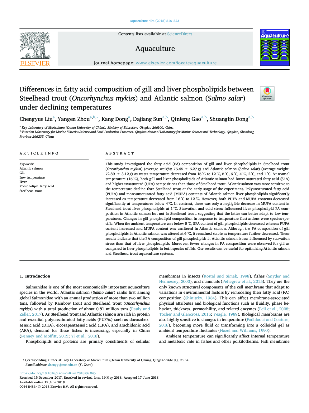 Differences in fatty acid composition of gill and liver phospholipids between Steelhead trout (Oncorhynchus mykiss) and Atlantic salmon (Salmo salar) under declining temperatures