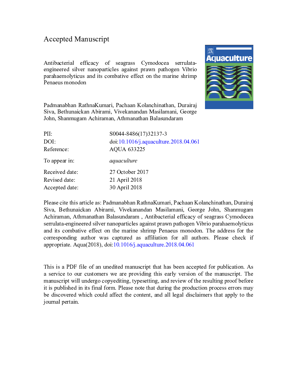 Antibacterial efficacy of seagrass Cymodocea serrulata-engineered silver nanoparticles against prawn pathogen Vibrio parahaemolyticus and its combative effect on the marine shrimp Penaeus monodon