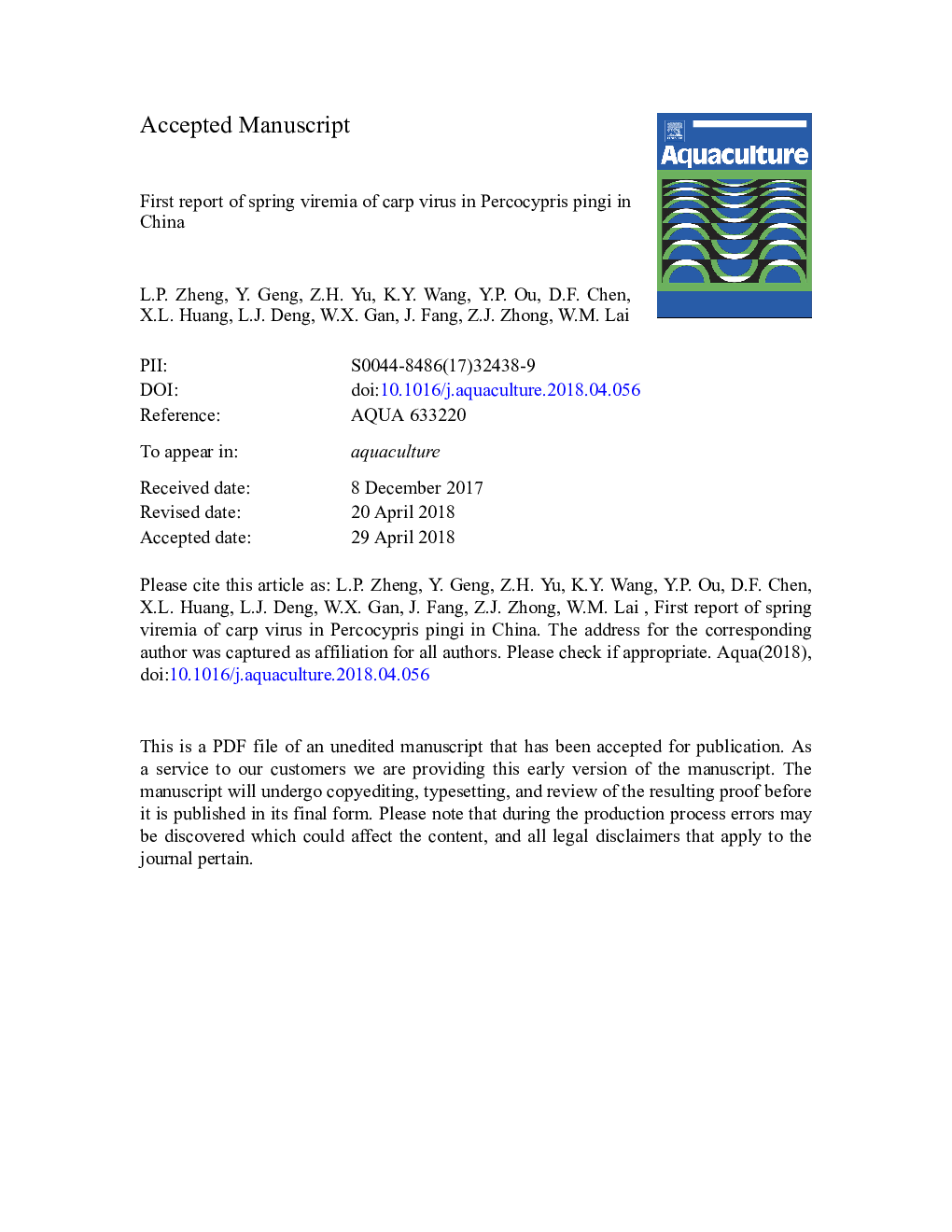 First report of spring viremia of carp virus in Percocypris pingi in China