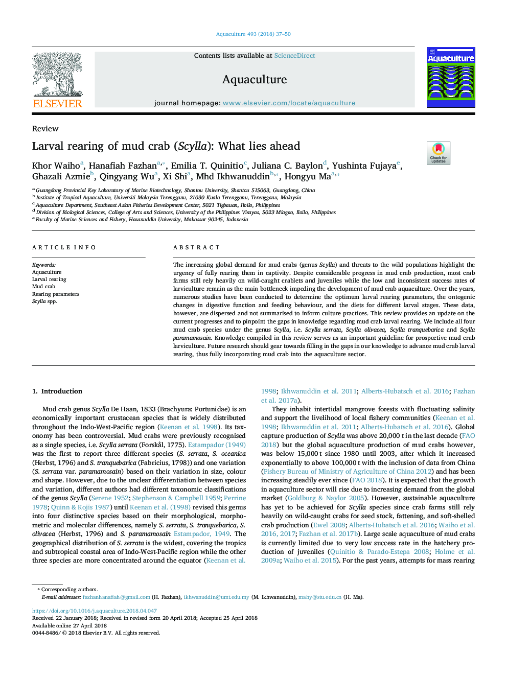 Larval rearing of mud crab (Scylla): What lies ahead