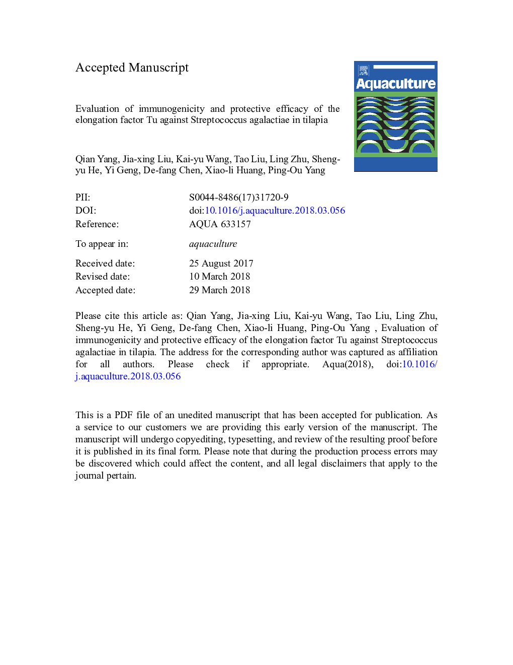 Evaluation of immunogenicity and protective efficacy of the elongation factor Tu against Streptococcus agalactiae in tilapia