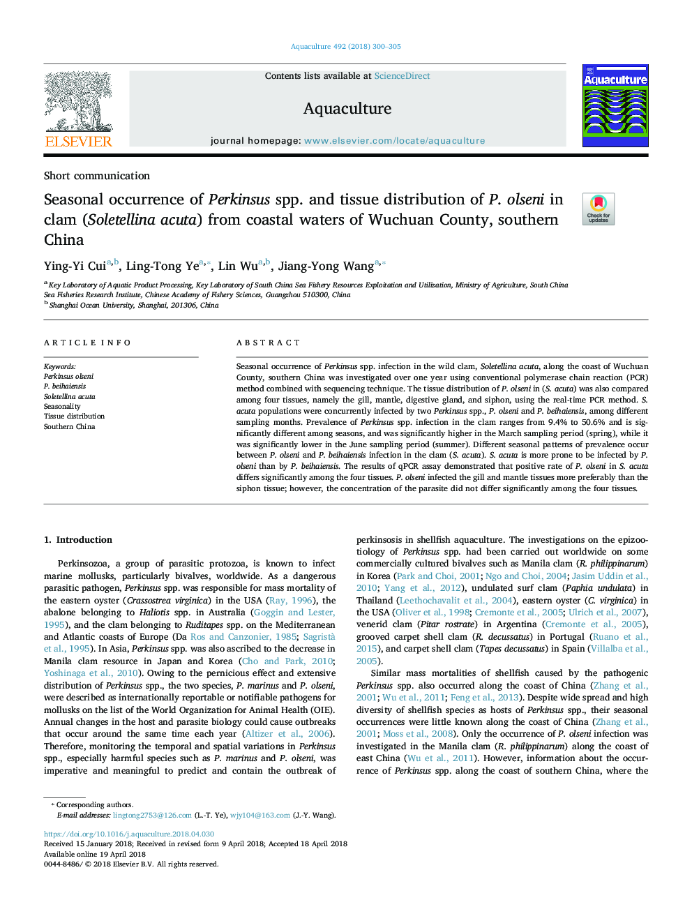 Seasonal occurrence of Perkinsus spp. and tissue distribution of P. olseni in clam (Soletellina acuta) from coastal waters of Wuchuan County, southern China