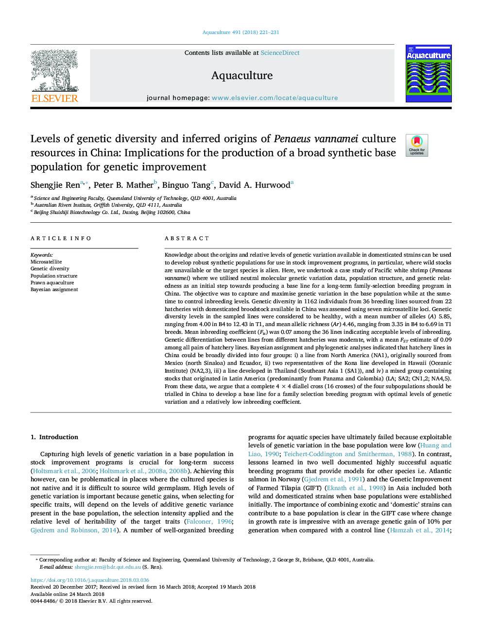 Levels of genetic diversity and inferred origins of Penaeus vannamei culture resources in China: Implications for the production of a broad synthetic base population for genetic improvement