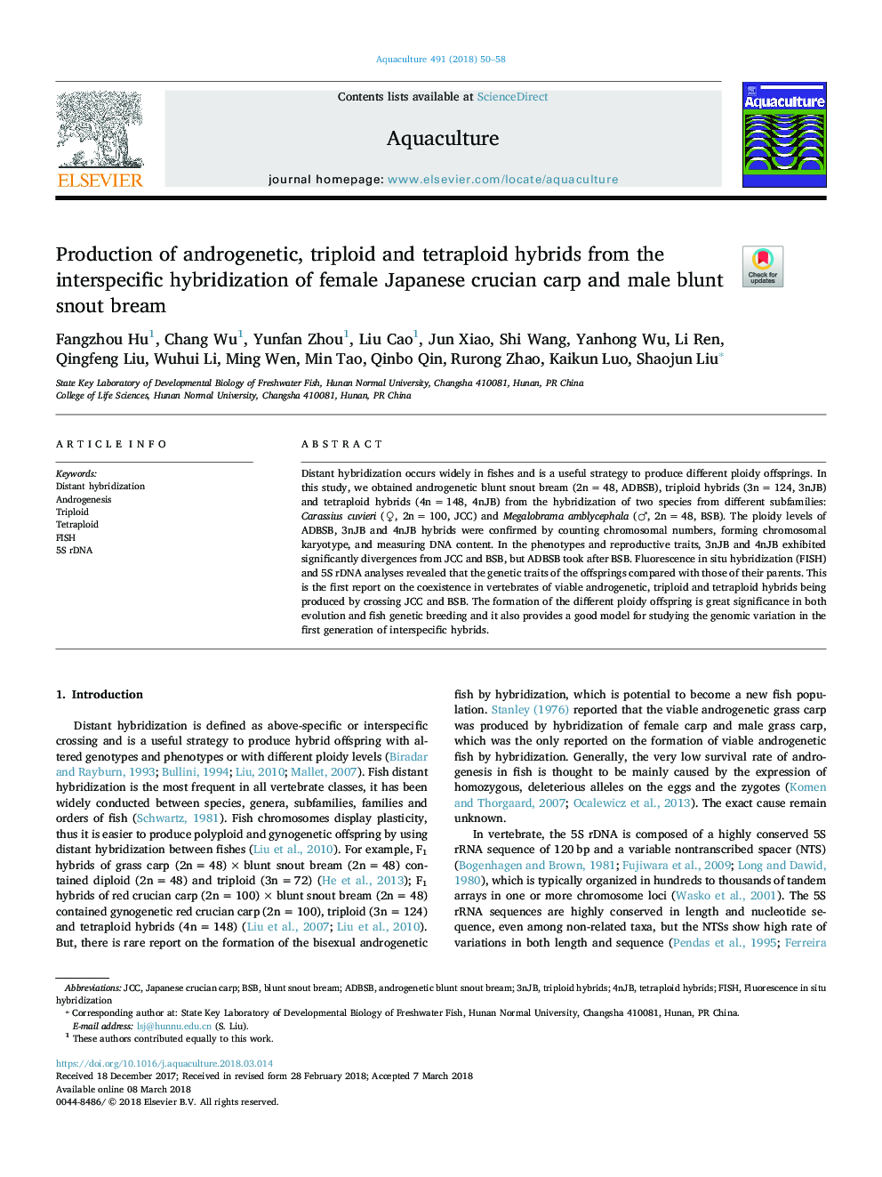 Production of androgenetic, triploid and tetraploid hybrids from the interspecific hybridization of female Japanese crucian carp and male blunt snout bream