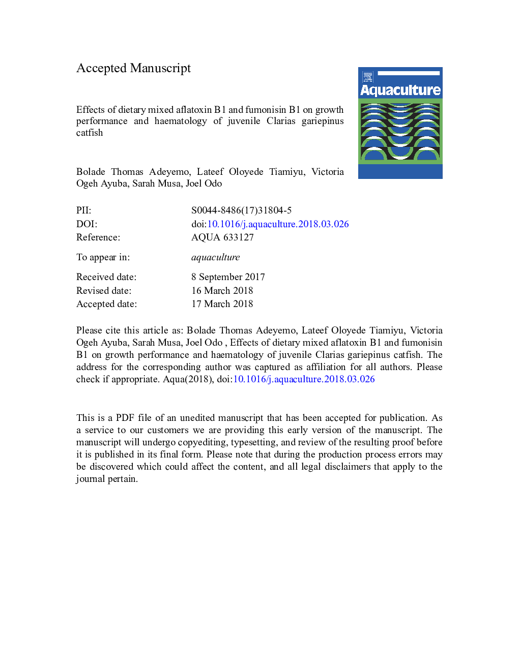 Effects of dietary mixed aflatoxin B1 and fumonisin B1 on growth performance and haematology of juvenile Clarias gariepinus catfish