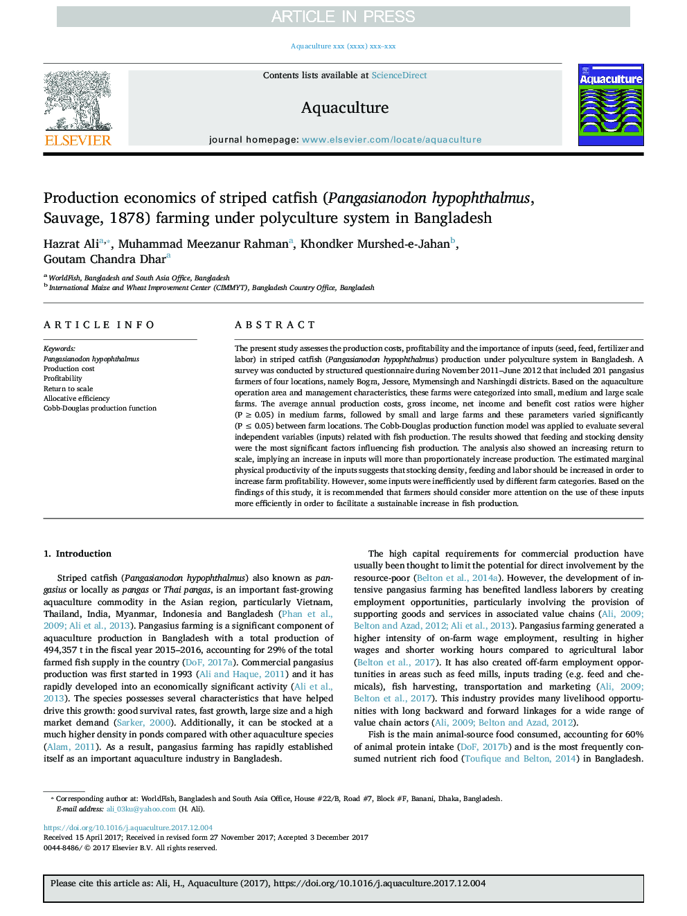 Production economics of striped catfish (Pangasianodon hypophthalmus, Sauvage, 1878) farming under polyculture system in Bangladesh