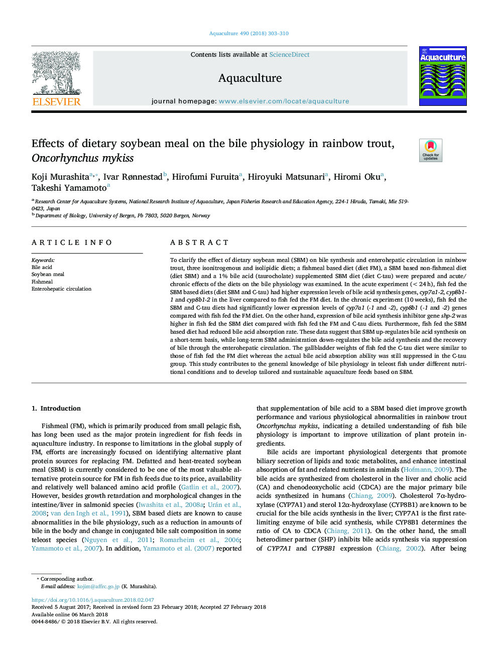 Effects of dietary soybean meal on the bile physiology in rainbow trout, Oncorhynchus mykiss