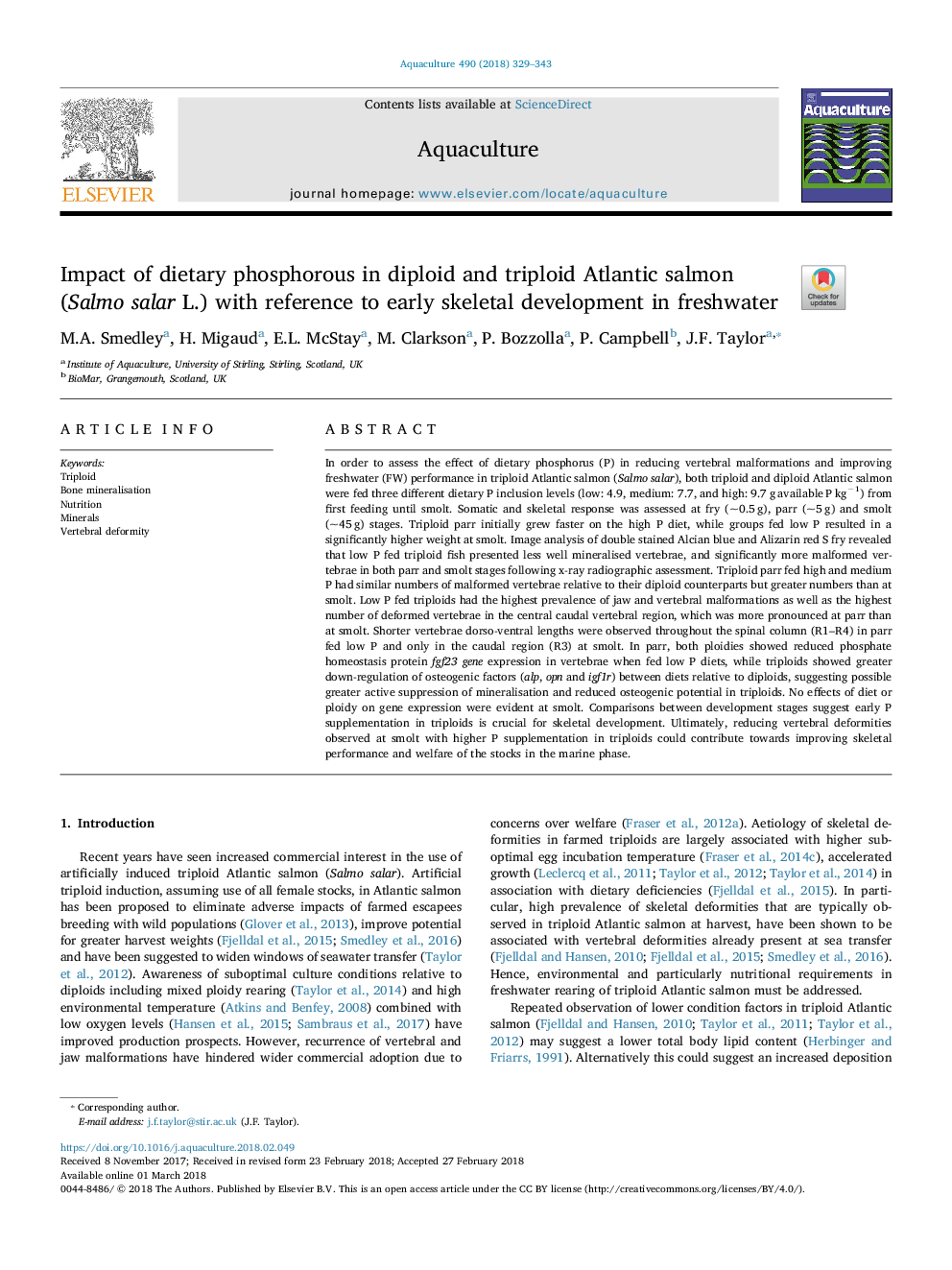 Impact of dietary phosphorous in diploid and triploid Atlantic salmon (Salmo salar L.) with reference to early skeletal development in freshwater