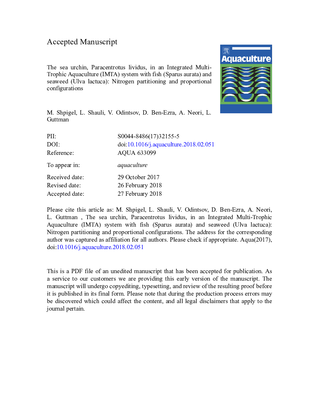 The sea urchin, Paracentrotus lividus, in an Integrated Multi-Trophic Aquaculture (IMTA) system with fish (Sparus aurata) and seaweed (Ulva lactuca): Nitrogen partitioning and proportional configurations
