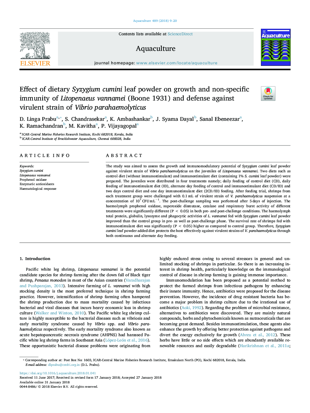 Effect of dietary Syzygium cumini leaf powder on growth and non-specific immunity of Litopenaeus vannamei (Boone 1931) and defense against virulent strain of Vibrio parahaemolyticus