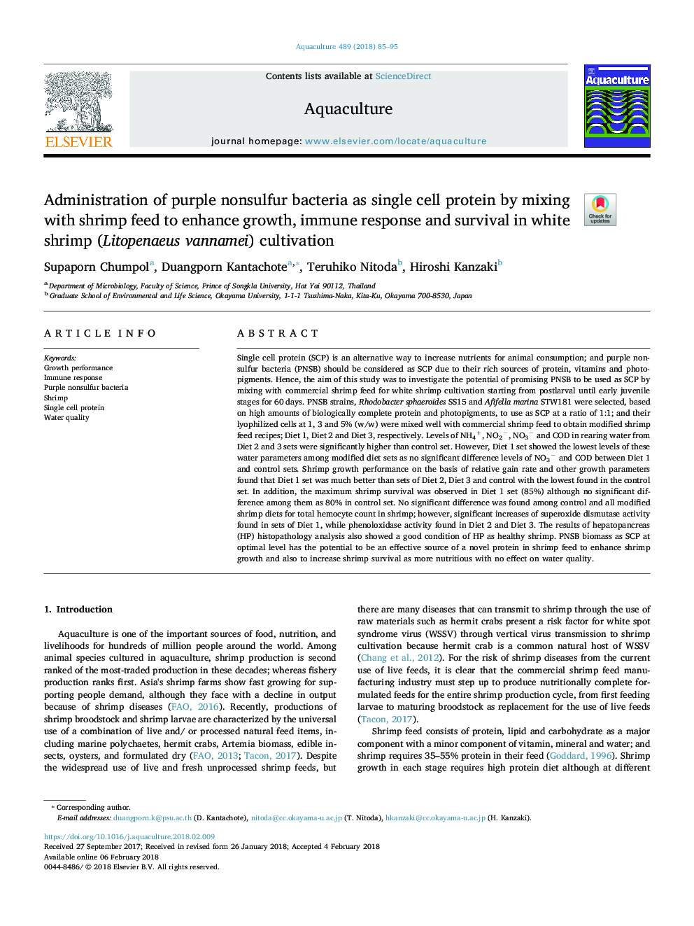 Administration of purple nonsulfur bacteria as single cell protein by mixing with shrimp feed to enhance growth, immune response and survival in white shrimp (Litopenaeus vannamei) cultivation