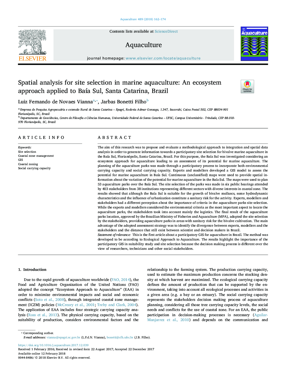 Spatial analysis for site selection in marine aquaculture: An ecosystem approach applied to BaÃ­a Sul, Santa Catarina, Brazil