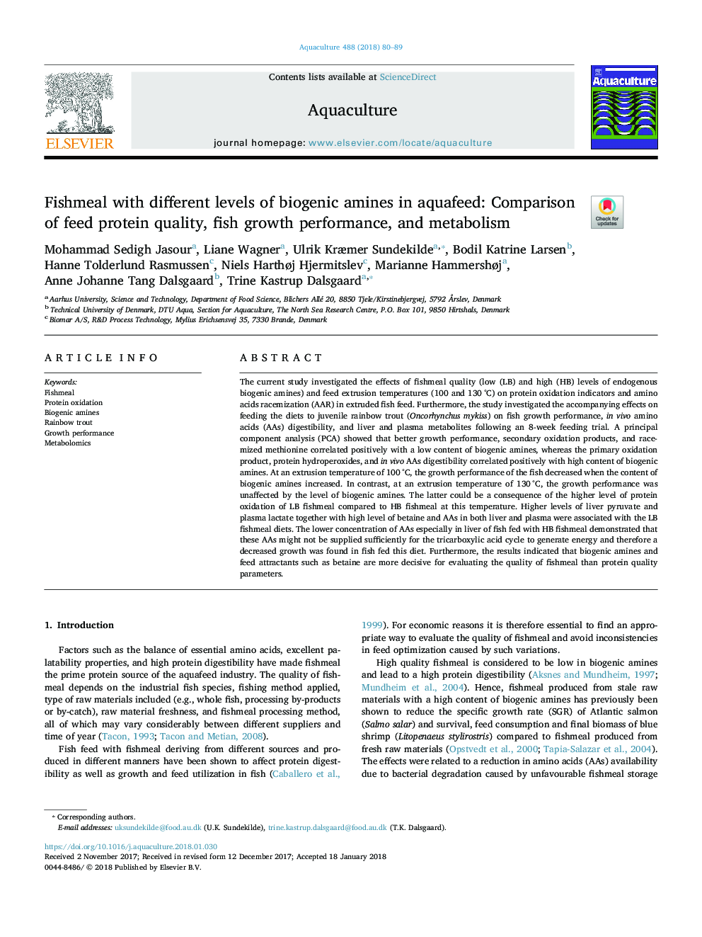 Fishmeal with different levels of biogenic amines in aquafeed: Comparison of feed protein quality, fish growth performance, and metabolism