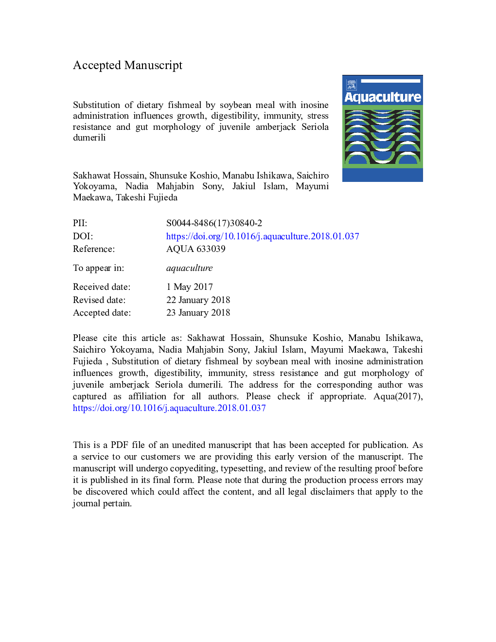 Substitution of dietary fishmeal by soybean meal with inosine administration influences growth, digestibility, immunity, stress resistance and gut morphology of juvenile amberjack Seriola dumerili