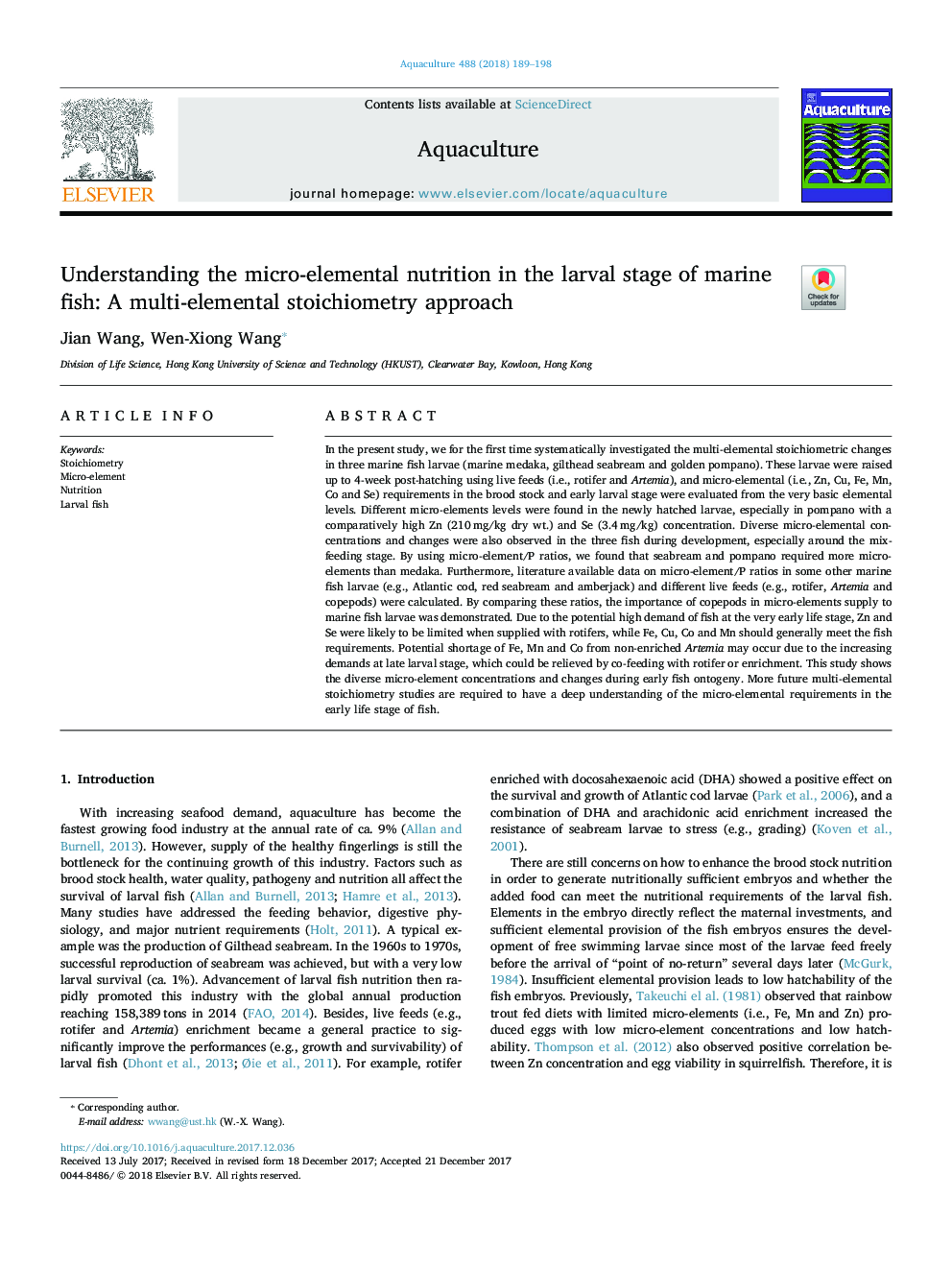 Understanding the micro-elemental nutrition in the larval stage of marine fish: A multi-elemental stoichiometry approach