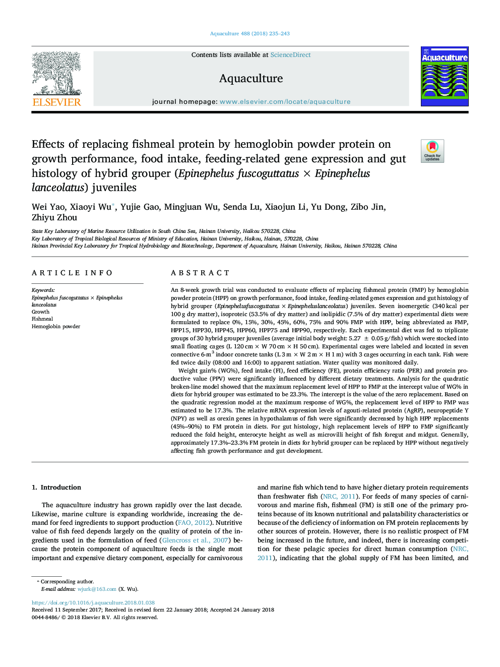 Effects of replacing fishmeal protein by hemoglobin powder protein on growth performance, food intake, feeding-related gene expression and gut histology of hybrid grouper (Epinephelus fuscoguttatusâ¯Ãâ¯Epinephelus lanceolatus) juveniles