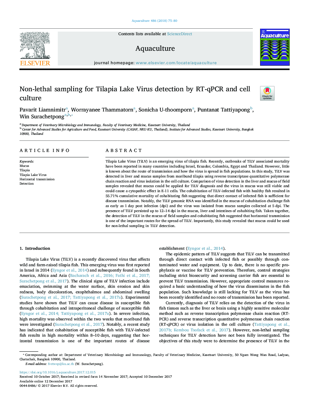 Non-lethal sampling for Tilapia Lake Virus detection by RT-qPCR and cell culture