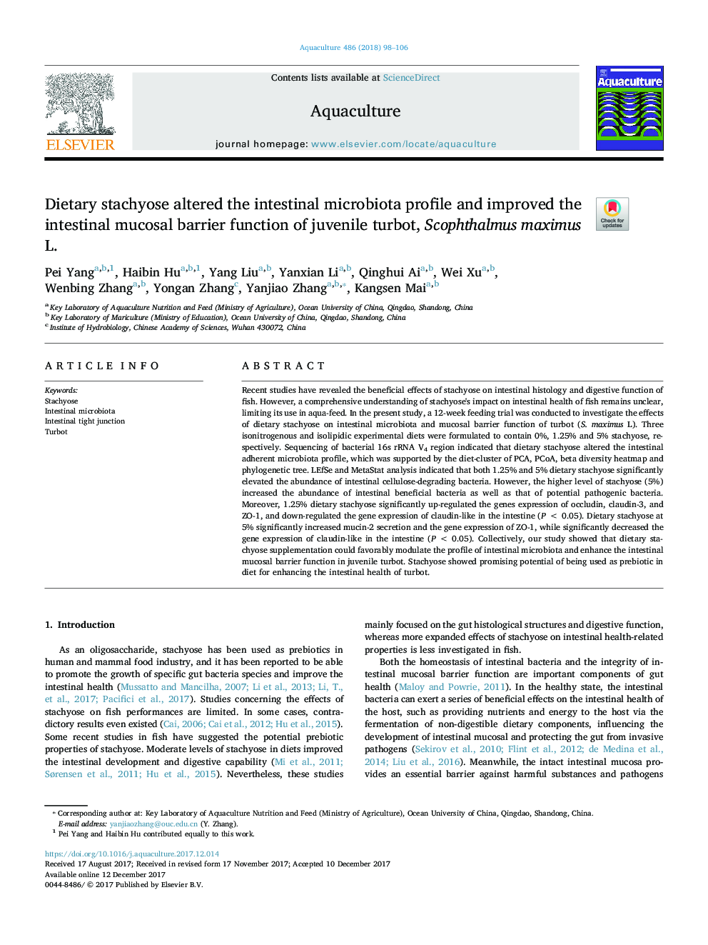 Dietary stachyose altered the intestinal microbiota profile and improved the intestinal mucosal barrier function of juvenile turbot, Scophthalmus maximus L.