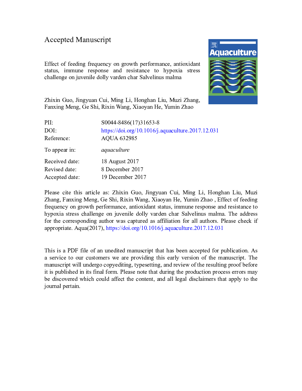 Effect of feeding frequency on growth performance, antioxidant status, immune response and resistance to hypoxia stress challenge on juvenile dolly varden char Salvelinus malma