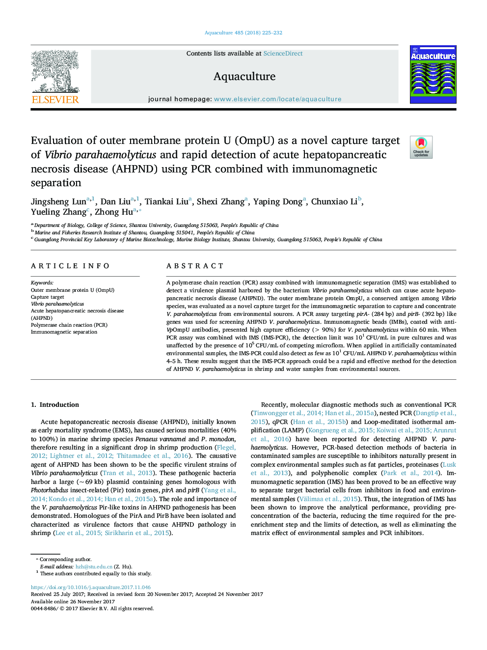 Evaluation of outer membrane protein U (OmpU) as a novel capture target of Vibrio parahaemolyticus and rapid detection of acute hepatopancreatic necrosis disease (AHPND) using PCR combined with immunomagnetic separation