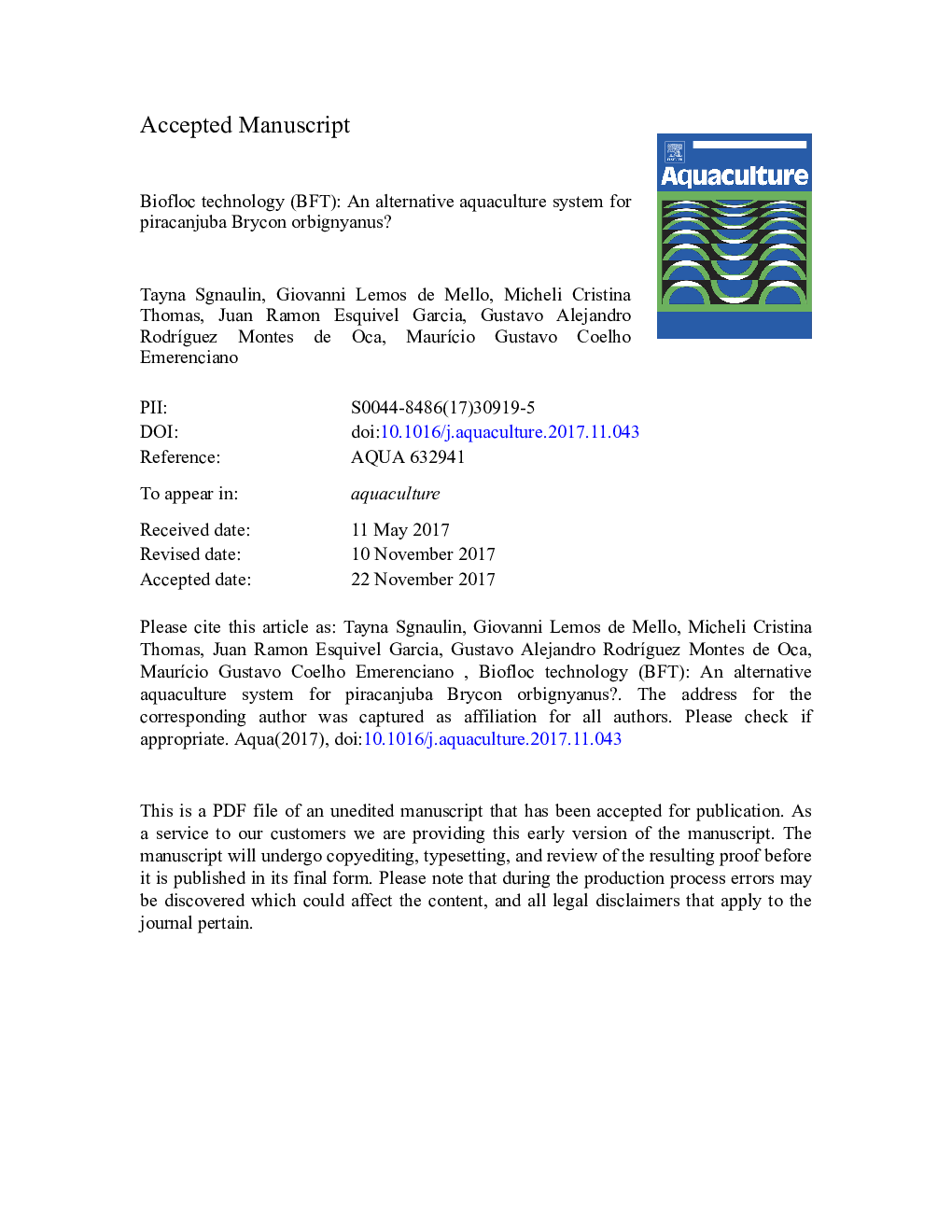 Biofloc technology (BFT): An alternative aquaculture system for piracanjuba Brycon orbignyanus?