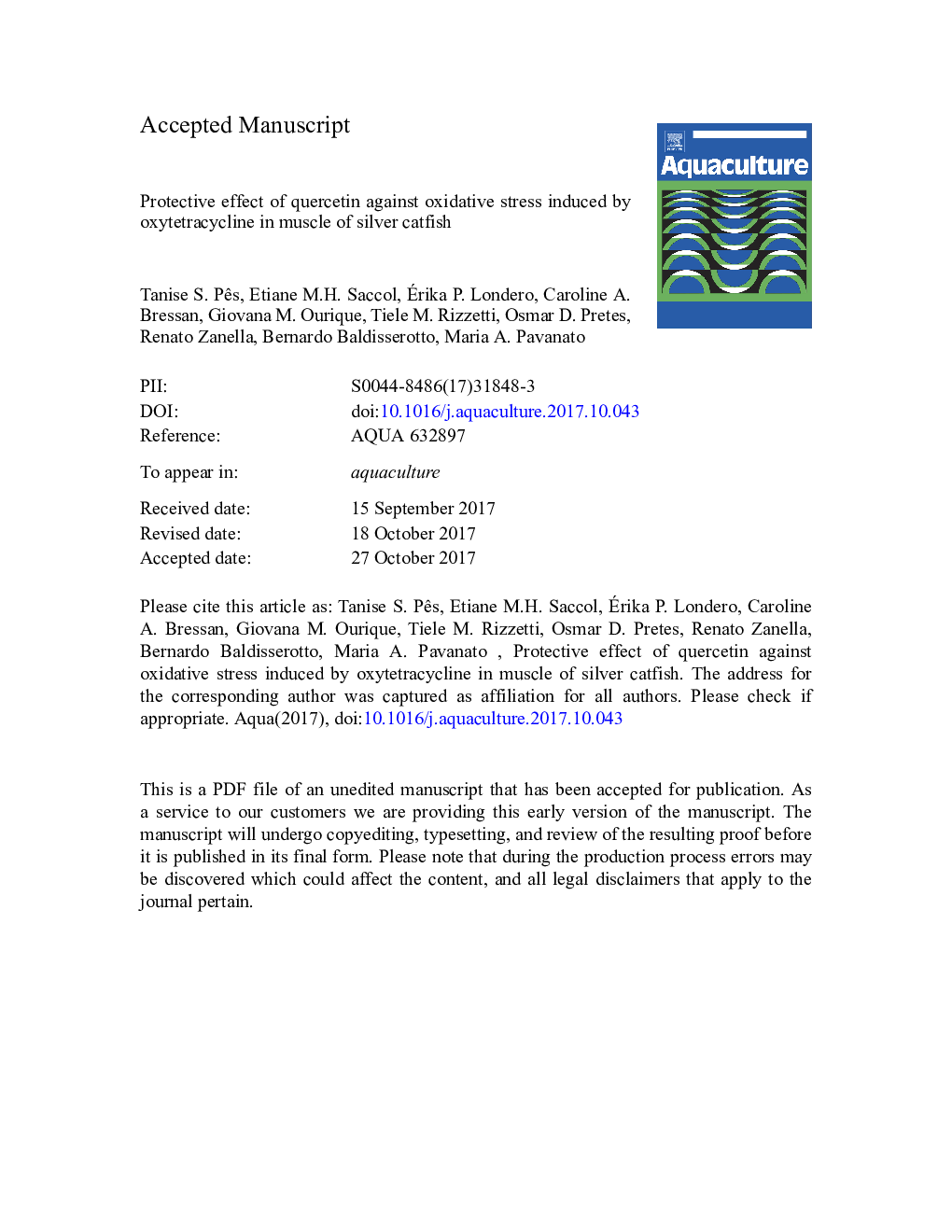 Protective effect of quercetin against oxidative stress induced by oxytetracycline in muscle of silver catfish