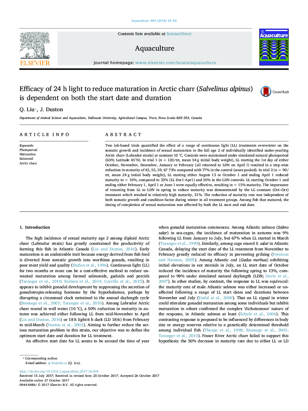 Efficacy of 24Â h light to reduce maturation in Arctic charr (Salvelinus alpinus) is dependent on both the start date and duration