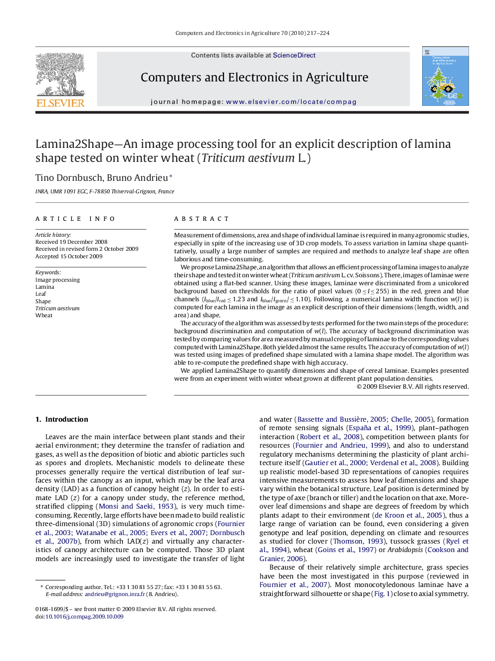 Lamina2Shape—An image processing tool for an explicit description of lamina shape tested on winter wheat (Triticum aestivum L.)