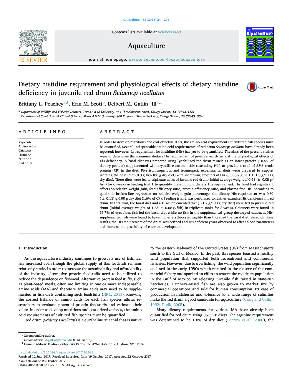 Dietary histidine requirement and physiological effects of dietary histidine deficiency in juvenile red drum Sciaenop ocellatus