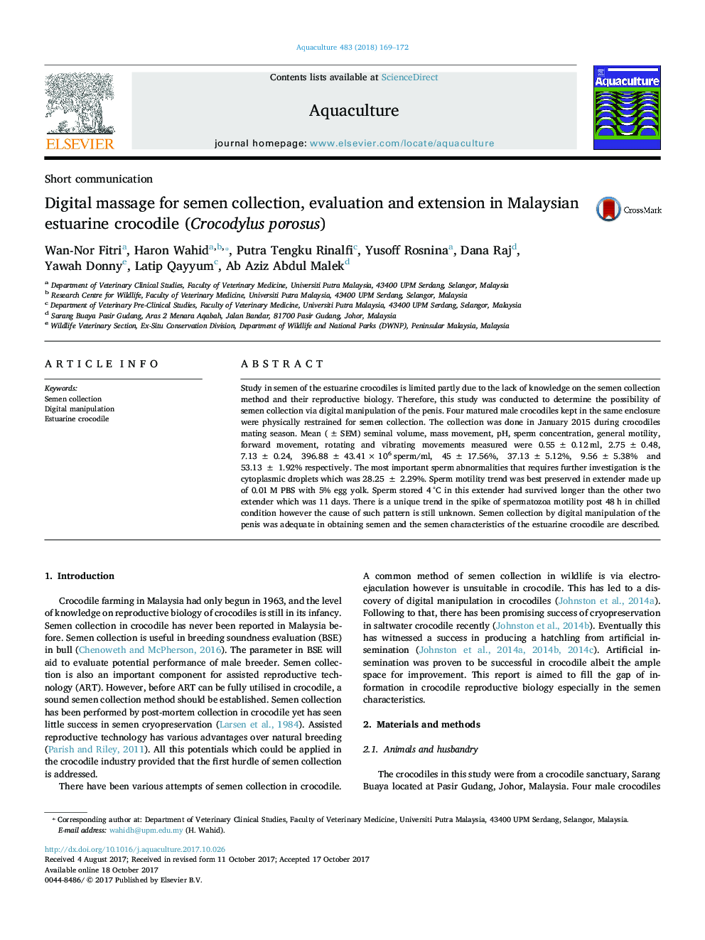 Digital massage for semen collection, evaluation and extension in Malaysian estuarine crocodile (Crocodylus porosus)