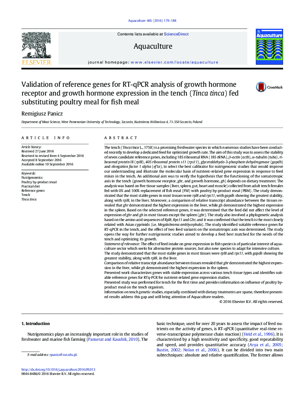 Validation of reference genes for RT-qPCR analysis of growth hormone receptor and growth hormone expression in the tench (Tinca tinca) fed substituting poultry meal for fish meal