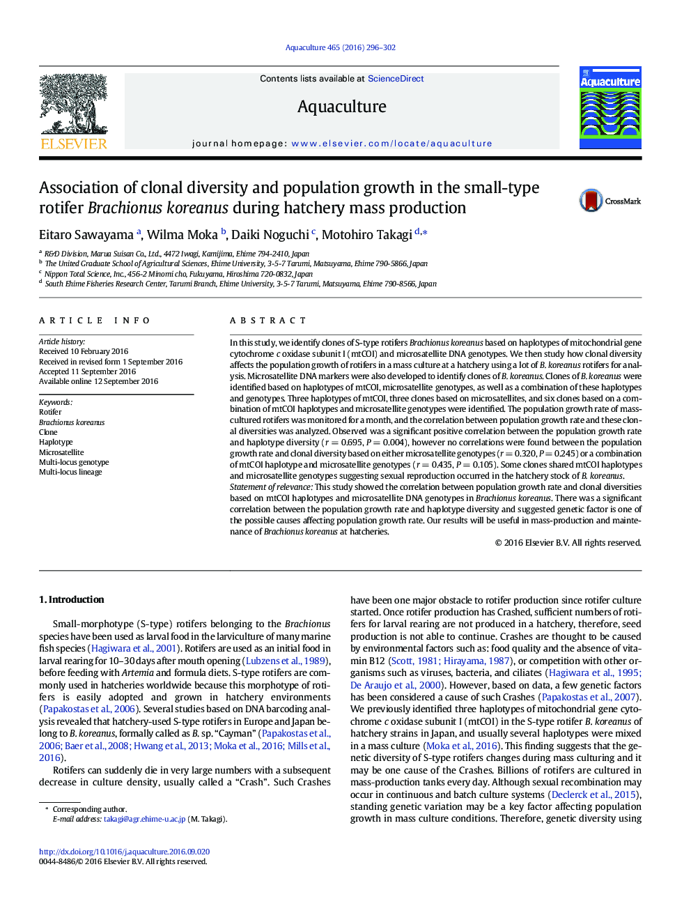 Association of clonal diversity and population growth in the small-type rotifer Brachionus koreanus during hatchery mass production