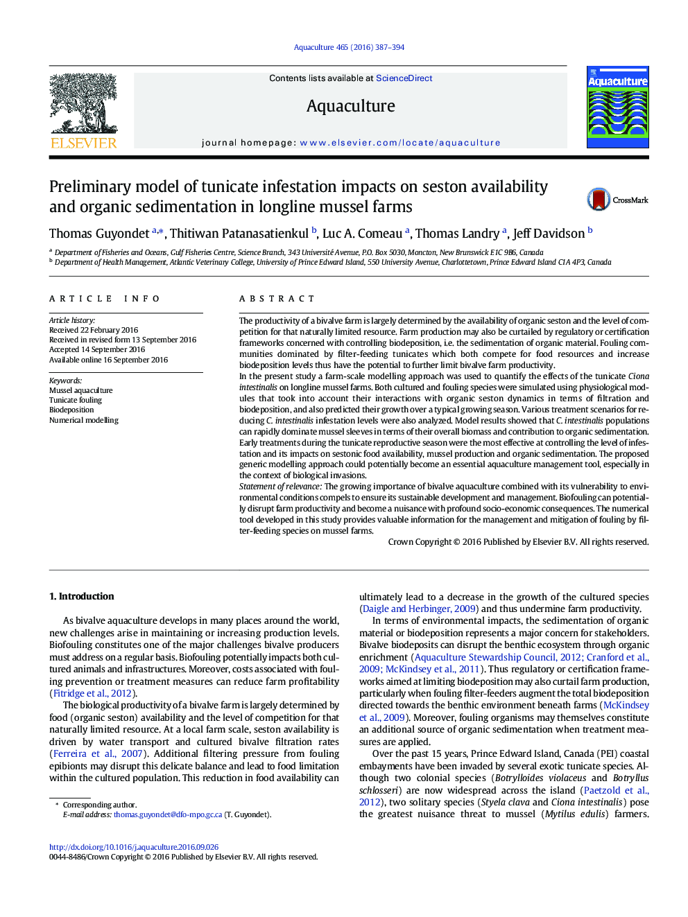 Preliminary model of tunicate infestation impacts on seston availability and organic sedimentation in longline mussel farms