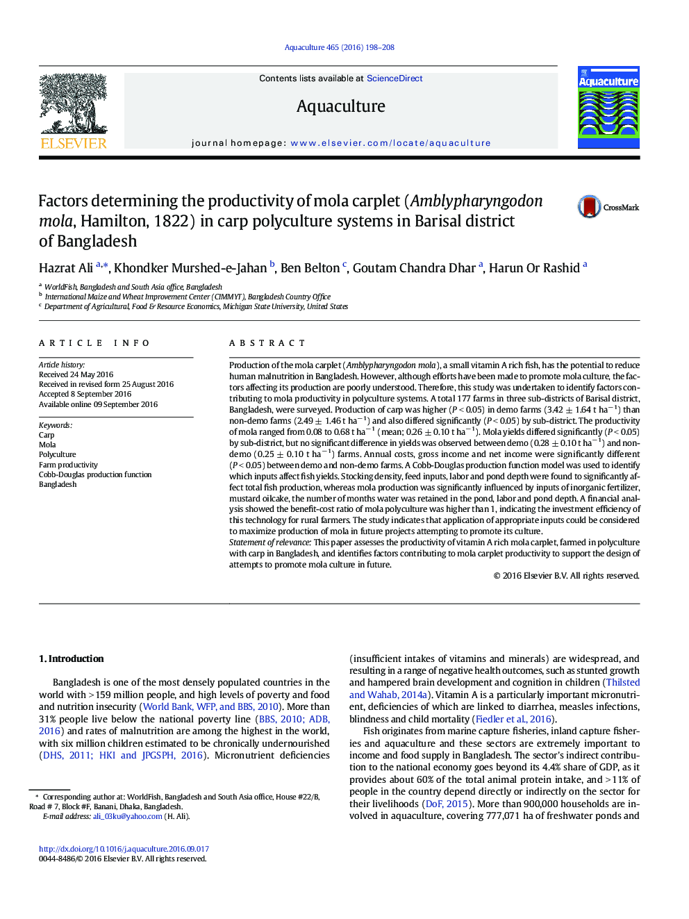 Factors determining the productivity of mola carplet (Amblypharyngodon mola, Hamilton, 1822) in carp polyculture systems in Barisal district of Bangladesh