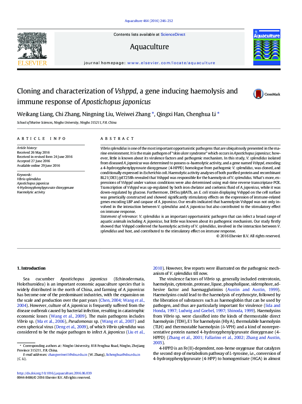 Cloning and characterization of Vshppd, a gene inducing haemolysis and immune response of Apostichopus japonicus