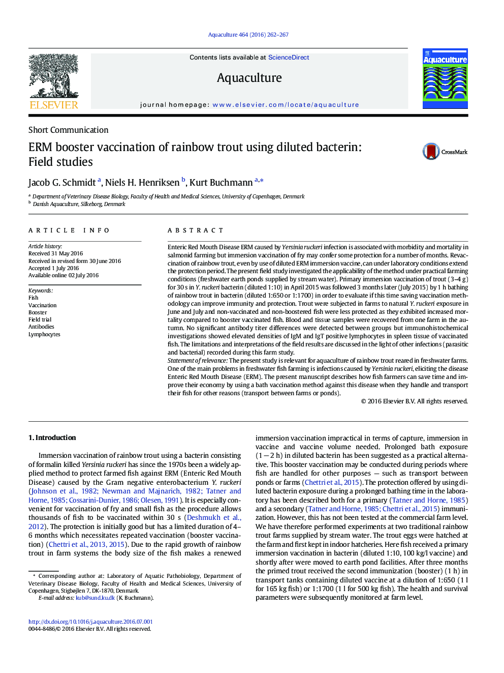 ERM booster vaccination of rainbow trout using diluted bacterin: Field studies