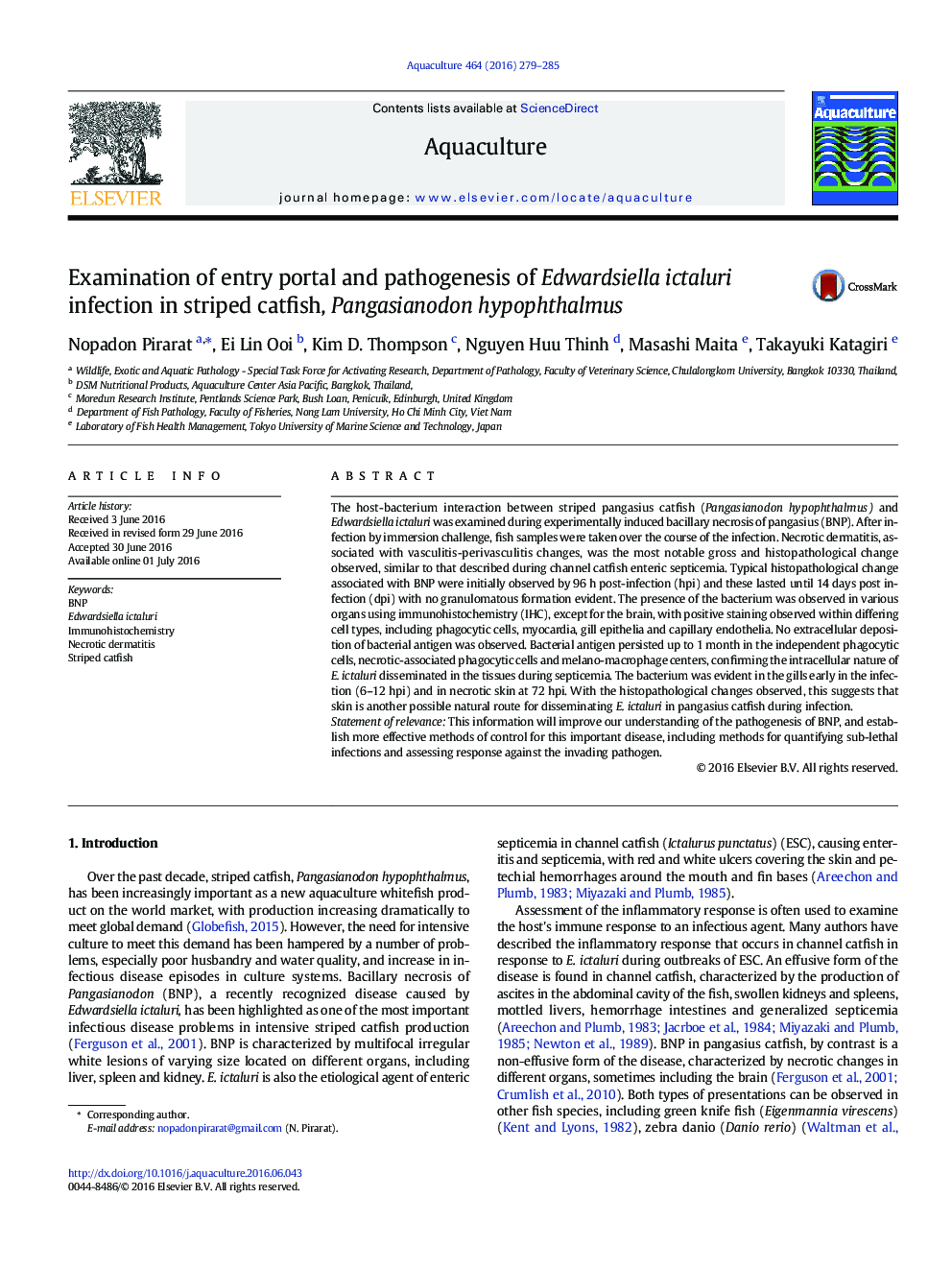 Examination of entry portal and pathogenesis of Edwardsiella ictaluri infection in striped catfish, Pangasianodon hypophthalmus