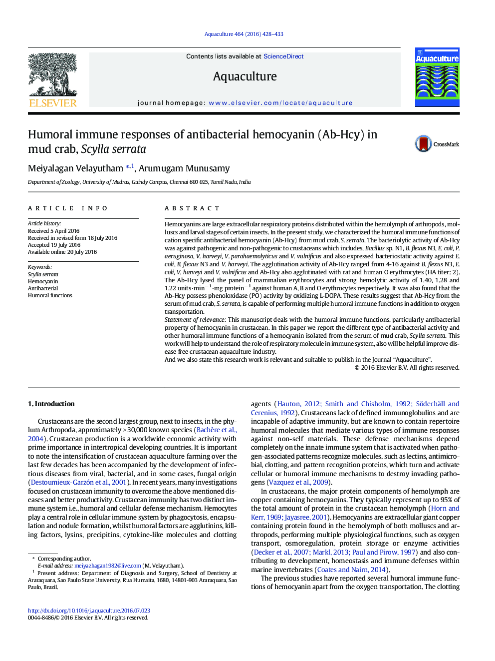 Humoral immune responses of antibacterial hemocyanin (Ab-Hcy) in mud crab, Scylla serrata