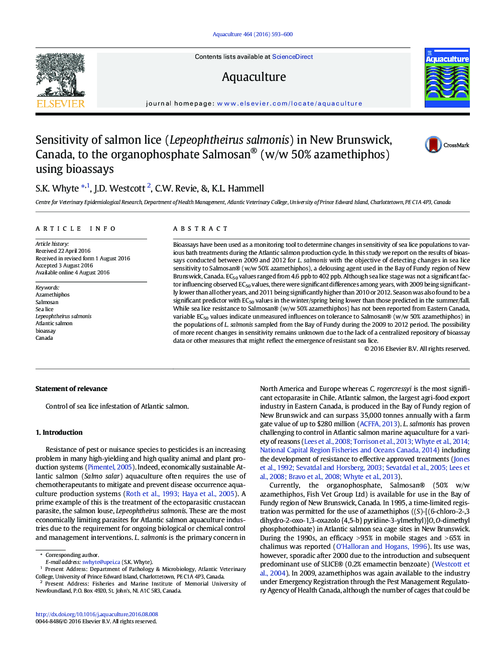 Sensitivity of salmon lice (Lepeophtheirus salmonis) in New Brunswick, Canada, to the organophosphate Salmosan® (w/w 50% azamethiphos) using bioassays