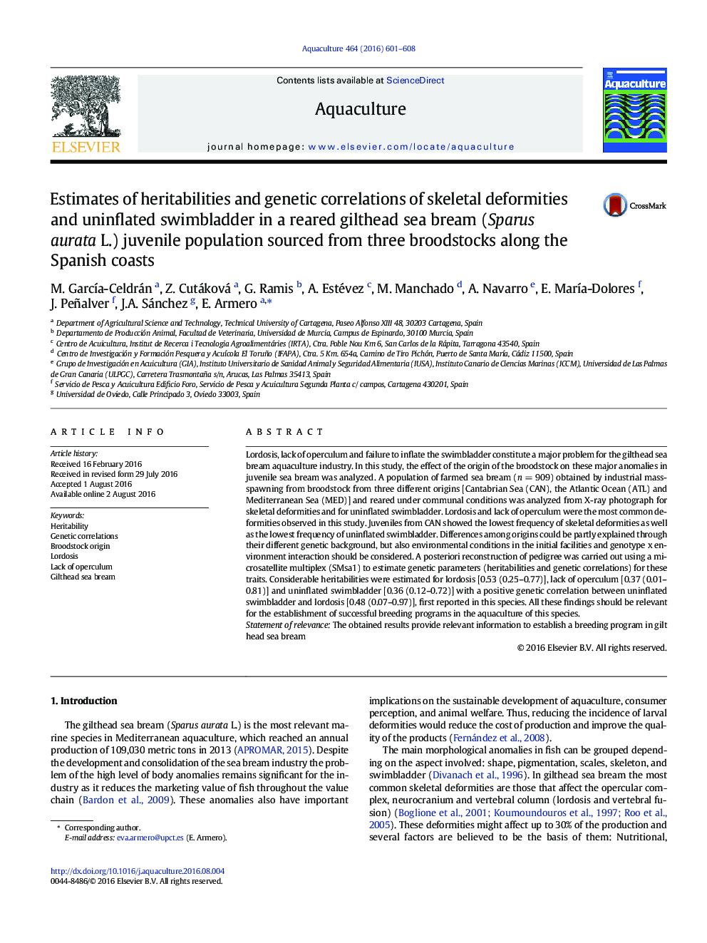 Estimates of heritabilities and genetic correlations of skeletal deformities and uninflated swimbladder in a reared gilthead sea bream (Sparus aurata L.) juvenile population sourced from three broodstocks along the Spanish coasts