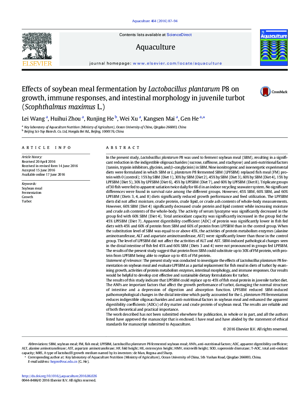 Effects of soybean meal fermentation by Lactobacillus plantarum P8 on growth, immune responses, and intestinal morphology in juvenile turbot (Scophthalmus maximus L.)