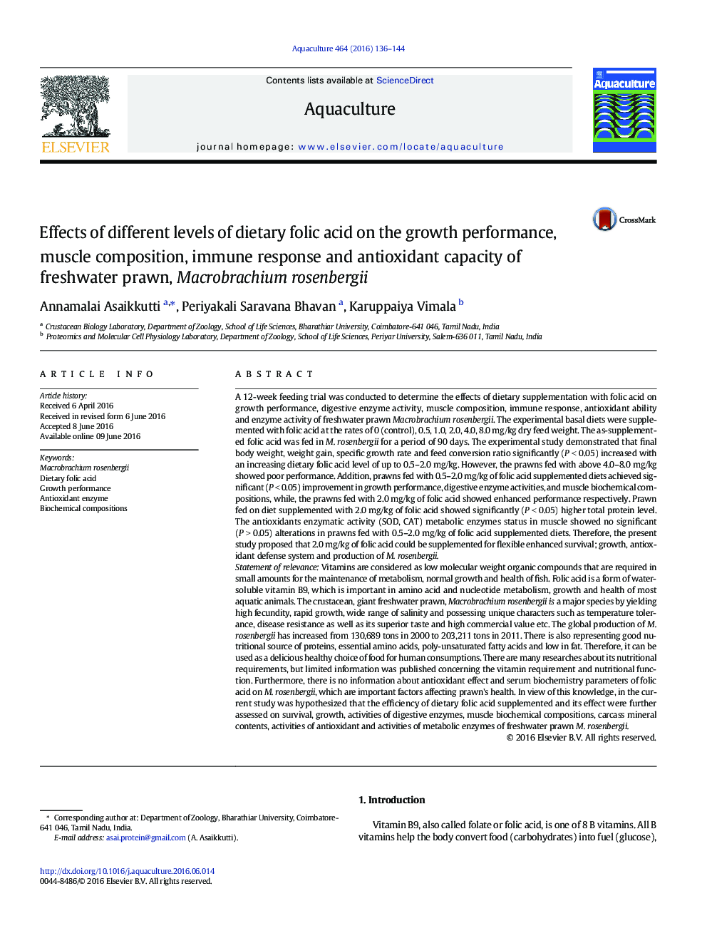 Effects of different levels of dietary folic acid on the growth performance, muscle composition, immune response and antioxidant capacity of freshwater prawn, Macrobrachium rosenbergii