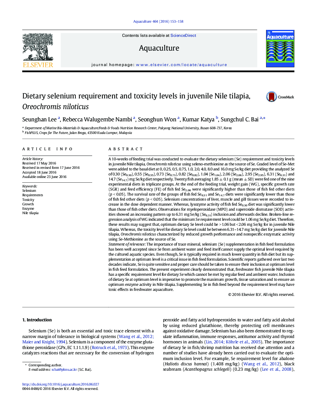 Dietary selenium requirement and toxicity levels in juvenile Nile tilapia, Oreochromis niloticus