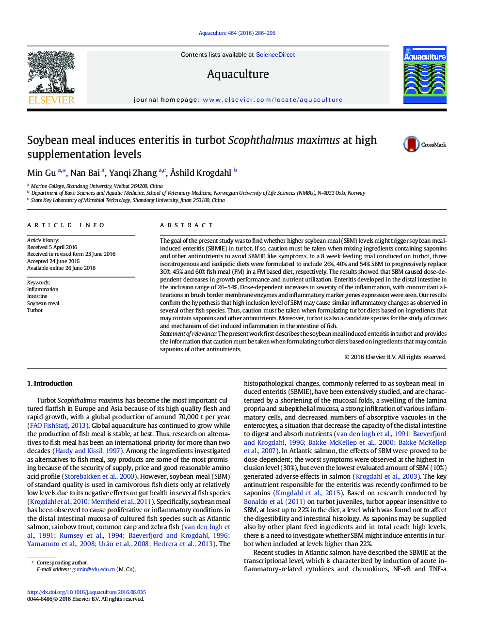 Soybean meal induces enteritis in turbot Scophthalmus maximus at high supplementation levels